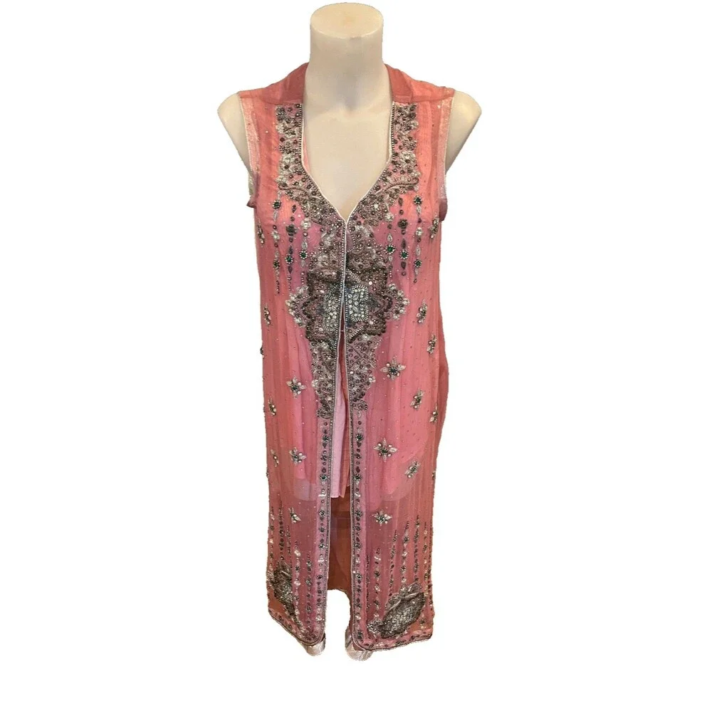Handmade Pink Sheer Open Front Duster Vest Maxi – Heavy Jewel & Bead Embroidery